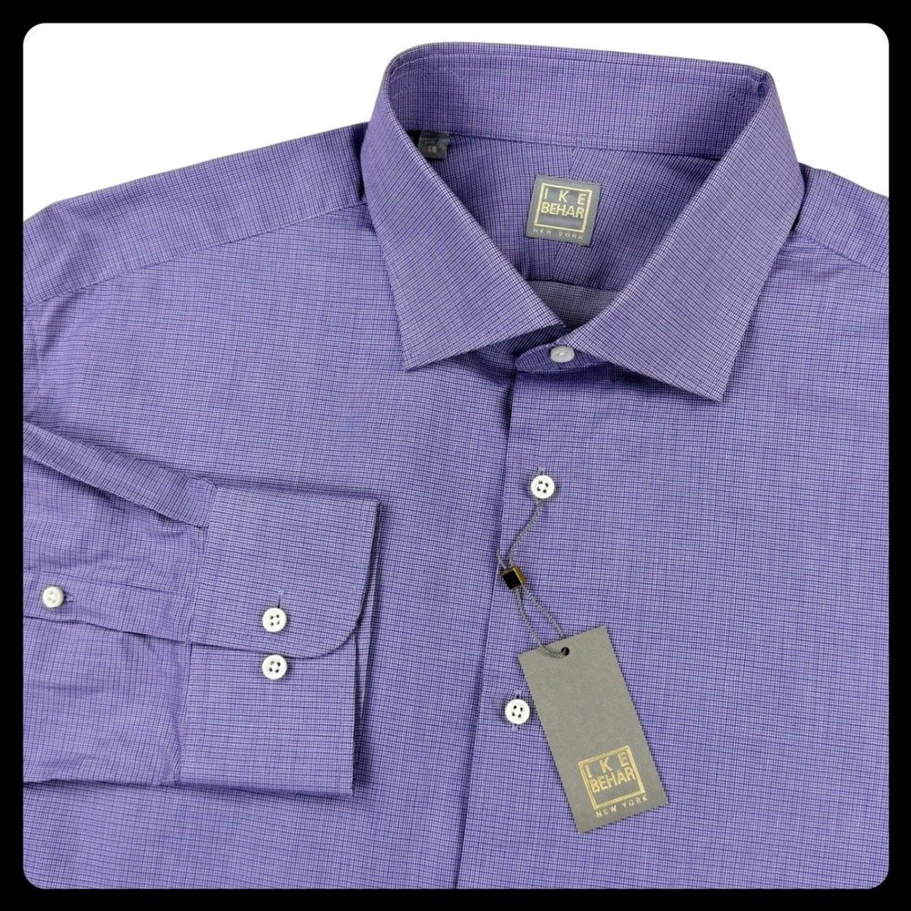 NWT Ike Behar Dress Shirt Men 18 XXL Purple Ice Lilac Cotton Micro Check Italy
